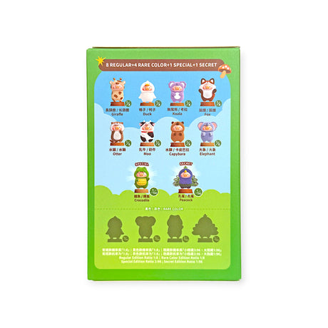 Packaging back of LuLu The Piggy Animal Party Blind Box showing all possible figures and rarity chart, gallery position 1