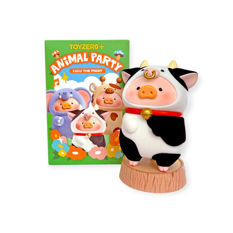 Panda-themed piggy plush figure, white face with black suit and gold bell ornament