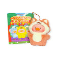 A LuLu The Piggy - Animal Party Puppet Keychain Blind Box plush pig puppet in a fox costume is displayed with a colorful booklet and playful cartoon animal illustrations—ideal for fans of cute animal party collectibles.