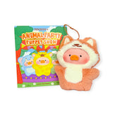A LuLu The Piggy - Animal Party Puppet Keychain Blind Box plush pig puppet in a fox costume is displayed with a colorful booklet and playful cartoon animal illustrations—ideal for fans of cute animal party collectibles.