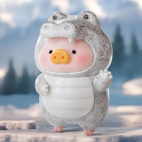 LuLu The Piggy figure in rare gray crocodile costume standing on icy surface with blurred snowy forest background, gallery 1