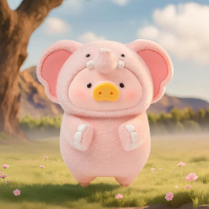 Pig blind box figurine in light pink animal suit with floppy ears and orange snout