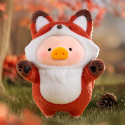 Fox-themed piggy plush figure, red and white fuzzy body with orange snout
