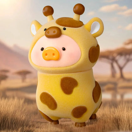 Giraffe-themed piggy plush figure, yellow fabric with brown spots and horn nubs