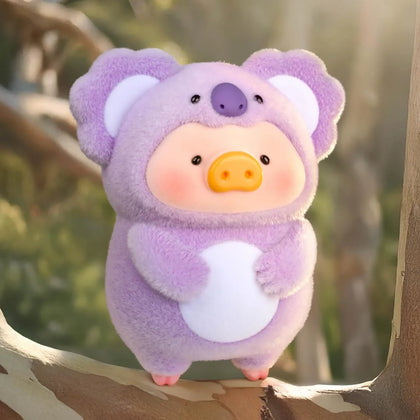 Elephant-themed piggy plush figure, purple fuzzy body with large ears and orange snout