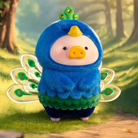 LuLu The Piggy figure in detailed peacock costume with vibrant feathers standing in forest, Animal Party Blind Box gallery 1