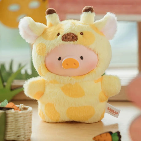 The LuLu The Piggy - Animal Party Puppet Keychain Blind Box by LuLu The Piggy features a plush pig in a yellow giraffe costume with brown spots—ideal for fans of cute plush figures and adorable keychains.
