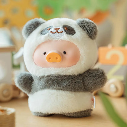 Gray plush panda animal puppet keychain with pig face and hood