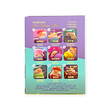 The LuLu The Piggy - Fitness Club Blind Box features LuLu The Piggy cartoon characters doing different fitness activities, with English and Chinese text—ideal for fans of flocked collectible figures and fitness-themed blind boxes.