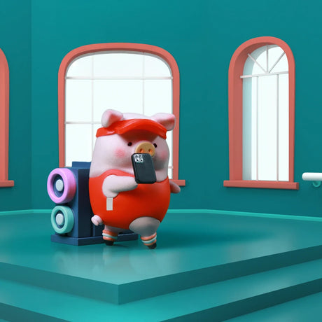 A cartoon pig in a red outfit and cap stands on teal steps with a smartphone, speaker, and large windows—part of the LuLu The Piggy - Fitness Club Blind Box collectible series by LuLu The Piggy.