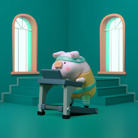 A LuLu The Piggy - Fitness Club Blind Box figure from LuLu The Piggy walks on a treadmill in a teal room with arched windows and stairs—ideal for fans of flocked collectible figures.