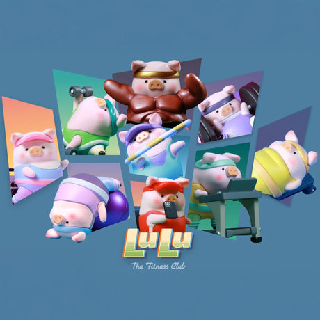 Nine cartoon pig characters in workout attire perform fitness activities against a blue background, showcasing the LuLu The Piggy - Fitness Club Blind Box collectible figures by LuLu The Piggy, with "LuLu The Fitness Club" at the bottom.