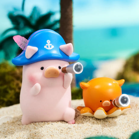 A toy pig in a blue sailor hat and an orange octopus, both with telescopes on a sandy beach, bring ocean adventure to life—experience the playful charm of LuLu The Piggy - Ocean Blind Box by LuLu The Piggy.