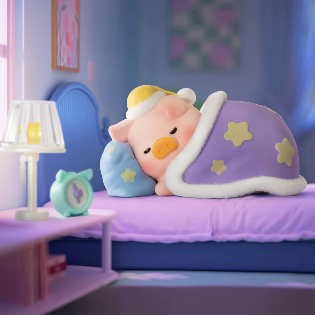 LuLu The Piggy - Stay With You Blind Box by LuLu The Piggy features a collectible figure in a cozy bedroom, wearing a nightcap and resting under a starry purple blanket, with an alarm clock and lamp on the bedside table.