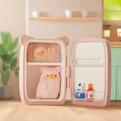 Piggy blind box figure set inside an opened two-compartment suitcase