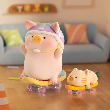 Piggy blind box figure wearing a purple hat with two moving feet figures