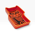 Orange cat trinket dish tray with black cat face and stripes design.