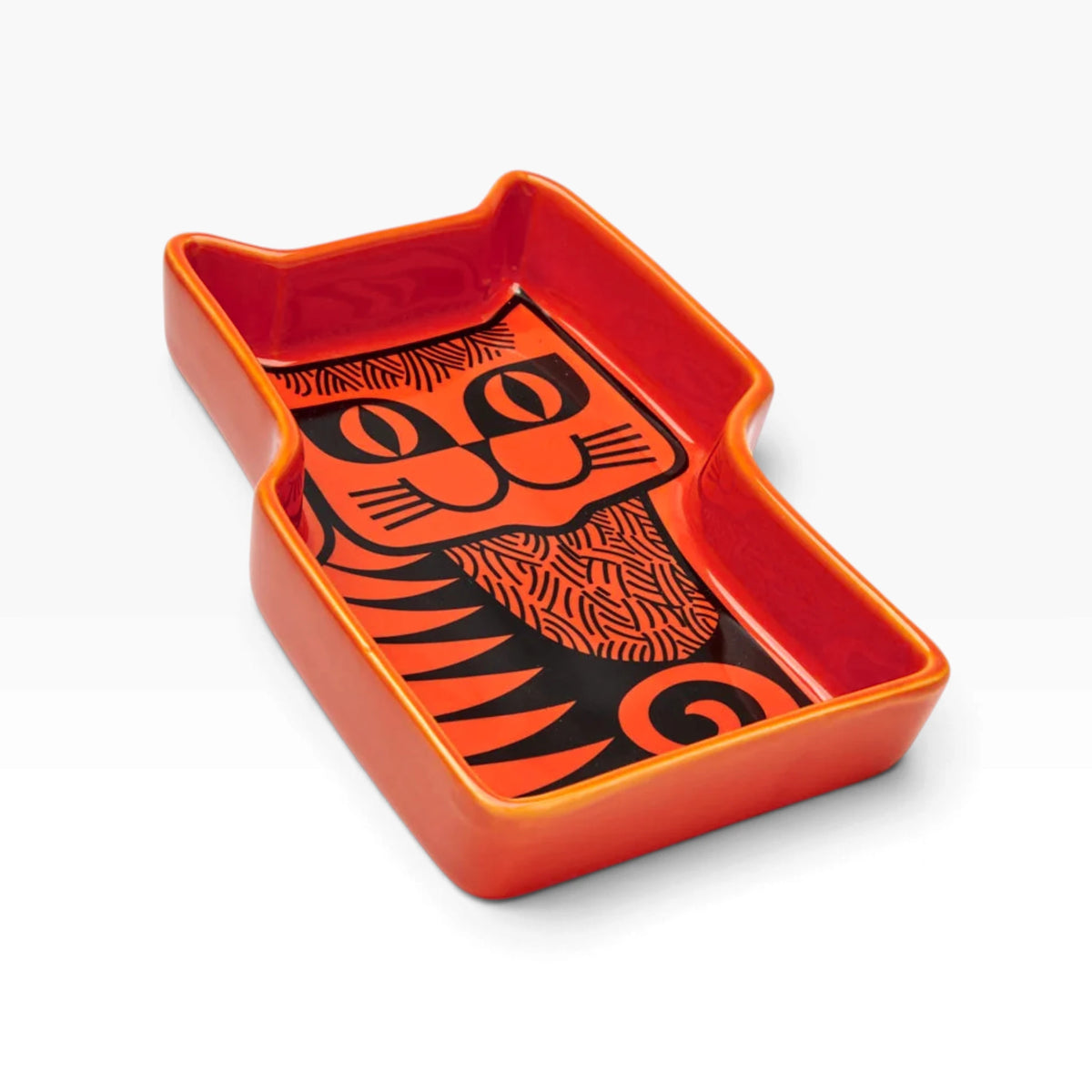 Orange cat trinket dish tray with black cat face and stripes design.
