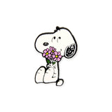 Enamel pin of Snoopy holding a bouquet of pink flowers