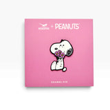 Snoopy enamel pin holding pink flowers on a card backing