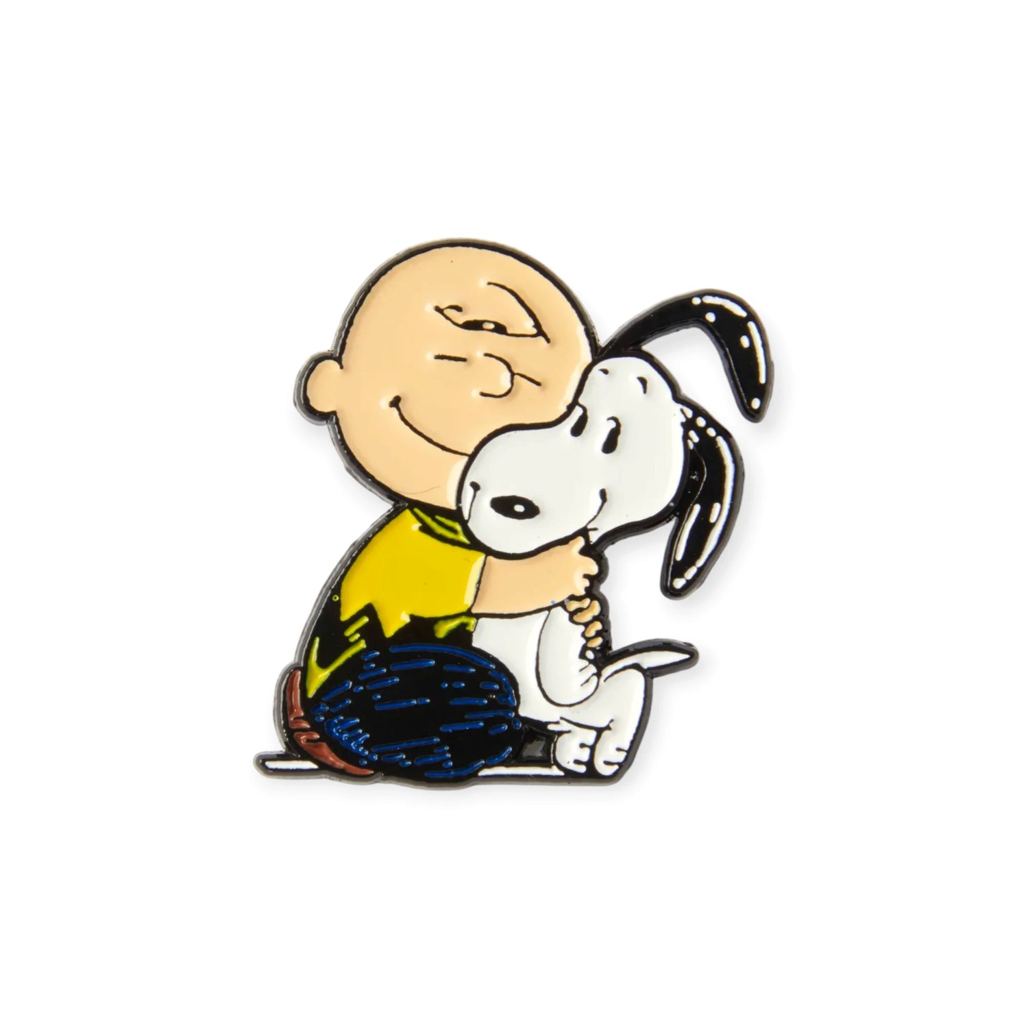 Enamel pin featuring a yellow-and-blue cartoon dog hugging a white puppy