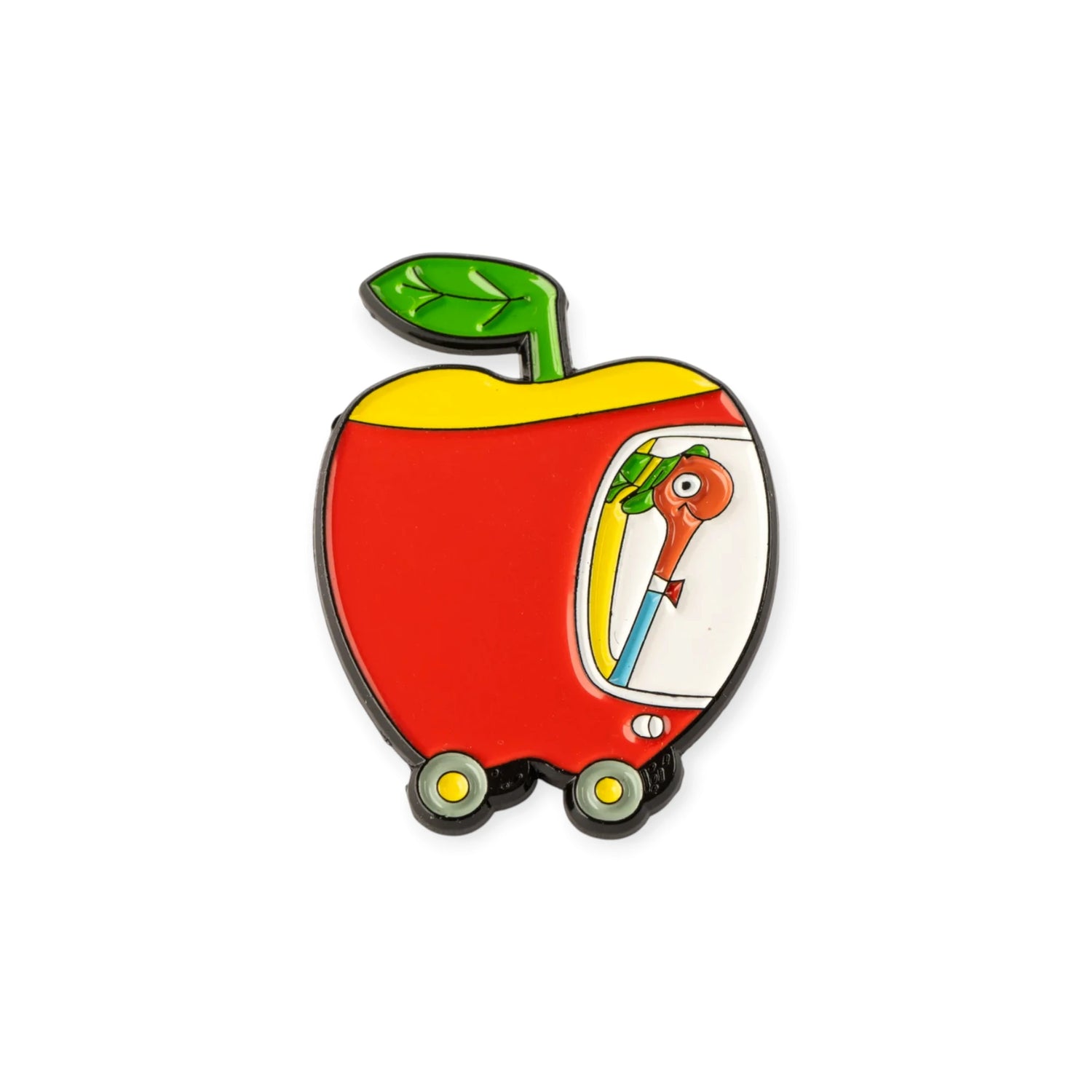 Red apple-shaped enamel pin with green stem and cartoon figure