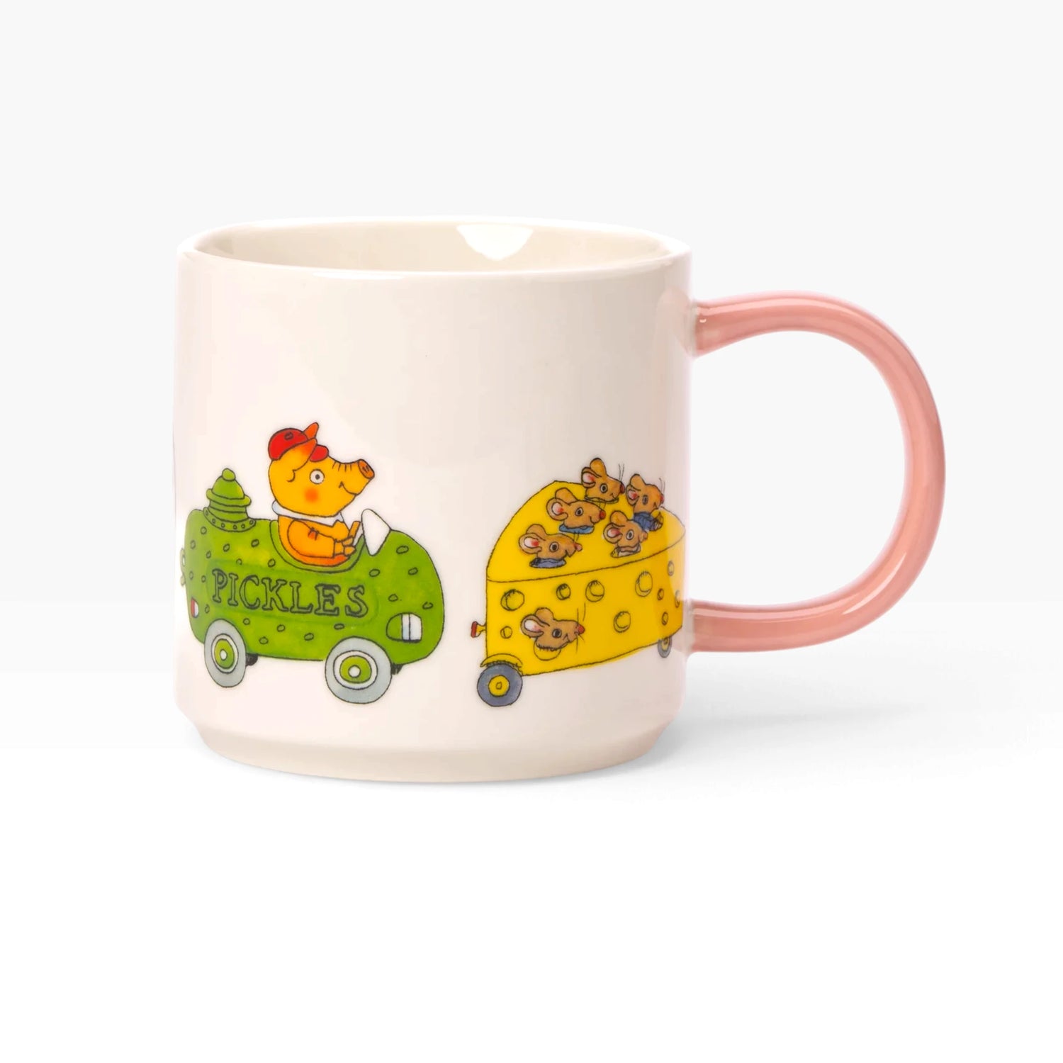 White ceramic mug with pink handle, cartoon pickup and cheese vehicle print