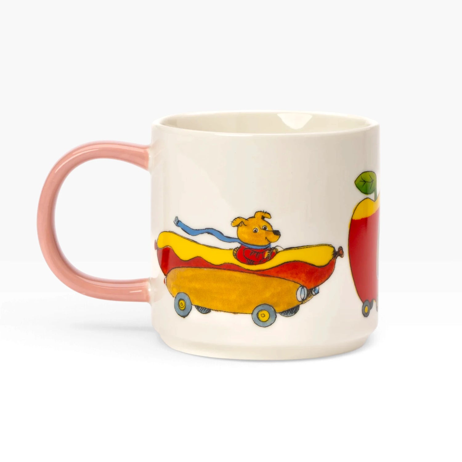 White ceramic mug with pink handle, cartoon dog in hot dog car print