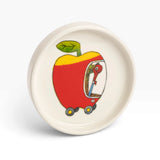 White ceramic trinket dish with red apple cartoon Applecar on the top
