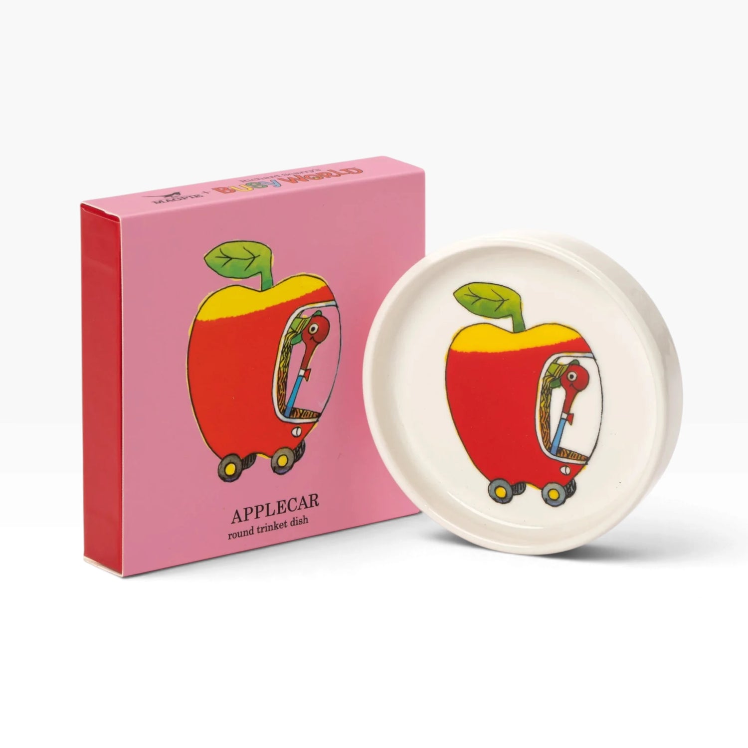 White ceramic trinket dish next to pink gift box with Applecar apple logo