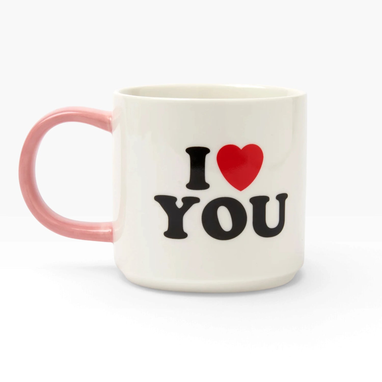 Cream ceramic mug with pink handle, I ♥ You print with red heart