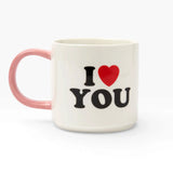 Cream ceramic mug with pink handle, I ♥ You print with red heart