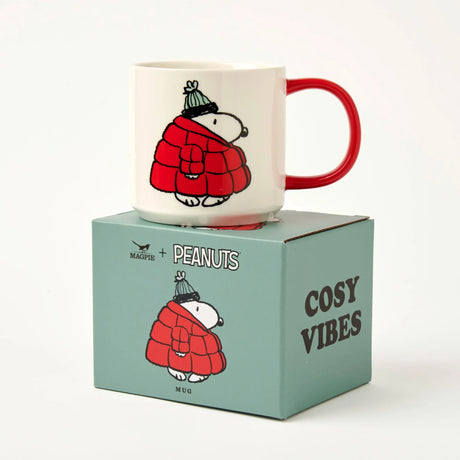 White Snoopy mug with Snoopy in red quilted jacket and red handle