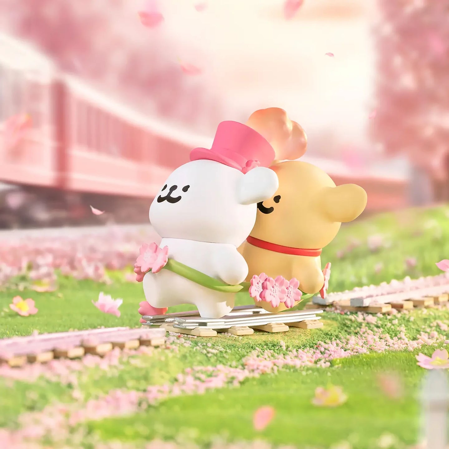 Cherry blossom toy figures: white and tan bears on a small wooden track