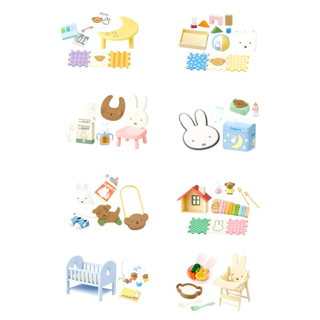Baby room blind box accessory set with various nursery furniture and character toys
