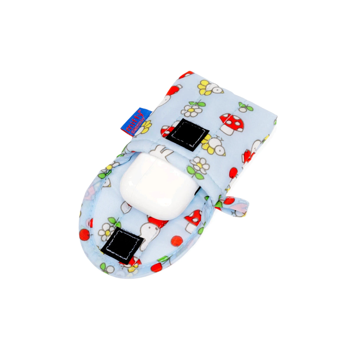 Light blue puffy earbuds case with cartoon bugs and flowers; holds two earbuds