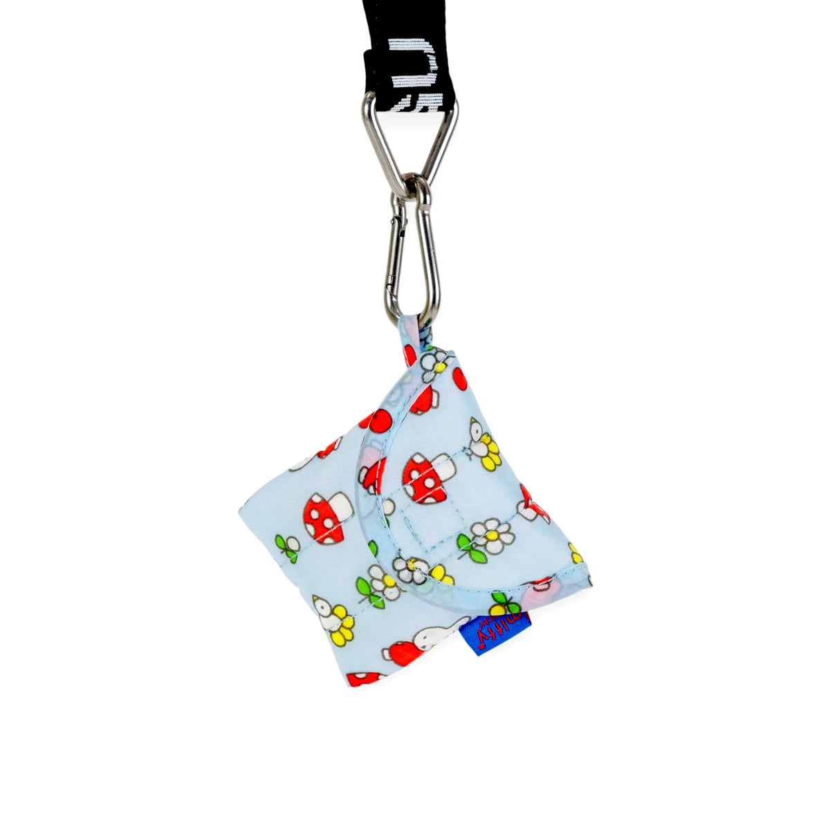 Light blue puffy earbuds case with cartoon bugs and flowers, attached keychain strap