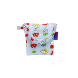 Light blue puffy earbuds case with cartoon bugs and flowers, front pocket style