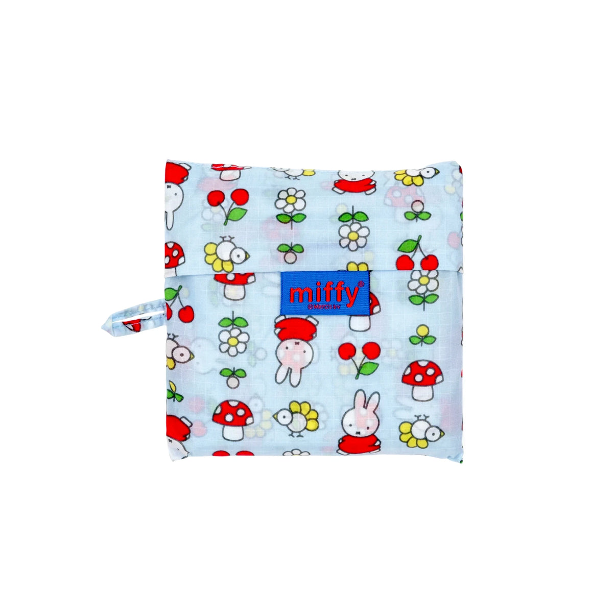 Standard Baggu tote bag, light blue Miffy garden print with red 'miffy' logo