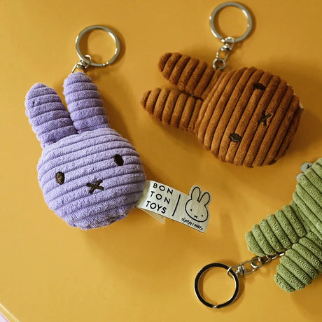 Corduroy Miffy keychains in purple, brown, and green with metal key rings