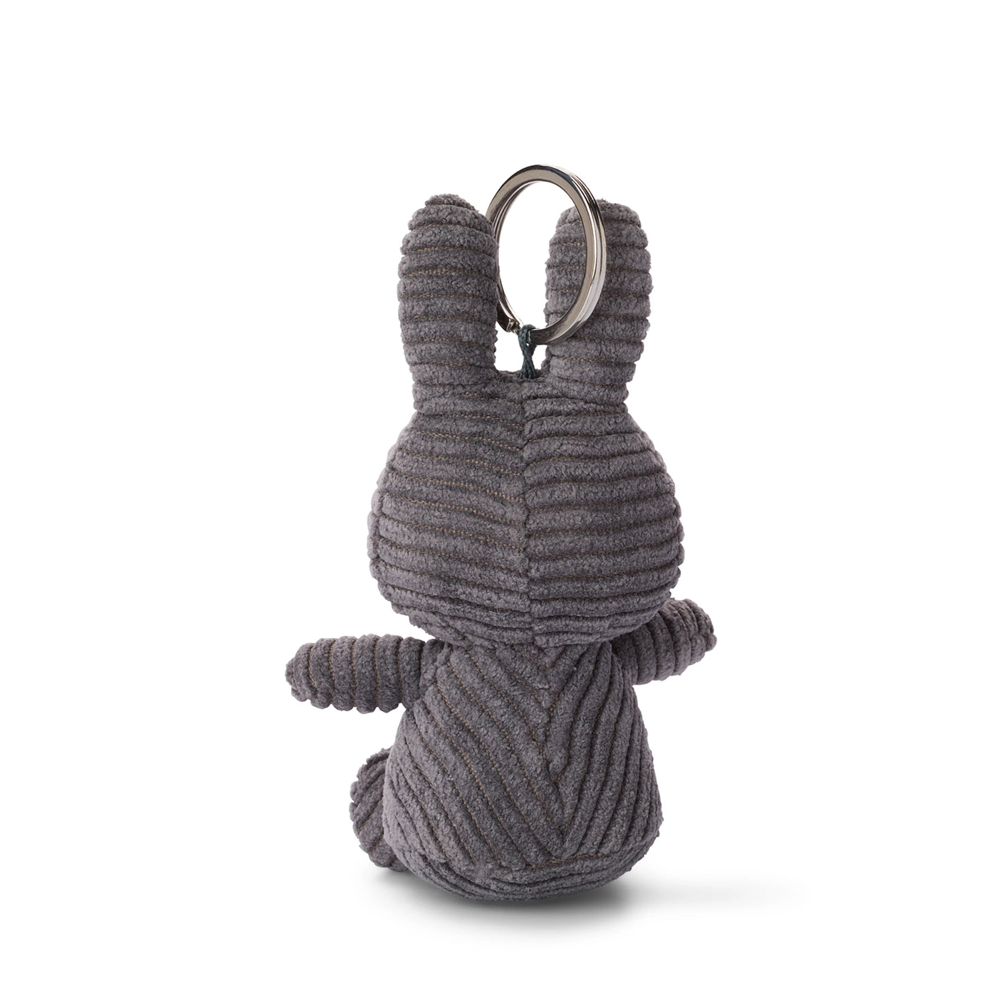 Charcoal Miffy Keychain Corduroy, 10cm, resembling a plush rabbit with ribbed texture, shown from the back.