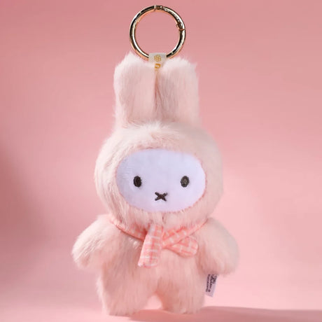 The Miffy VIPO x Miffy Macaron 2 Plush Keychain - Blind Box features a pastel pink Miffy with a white face, plaid bow, and gold keyring, displayed against a pink background.
