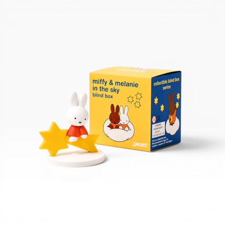 Smoko x Miffy blind box figure with star base, next to yellow packaging