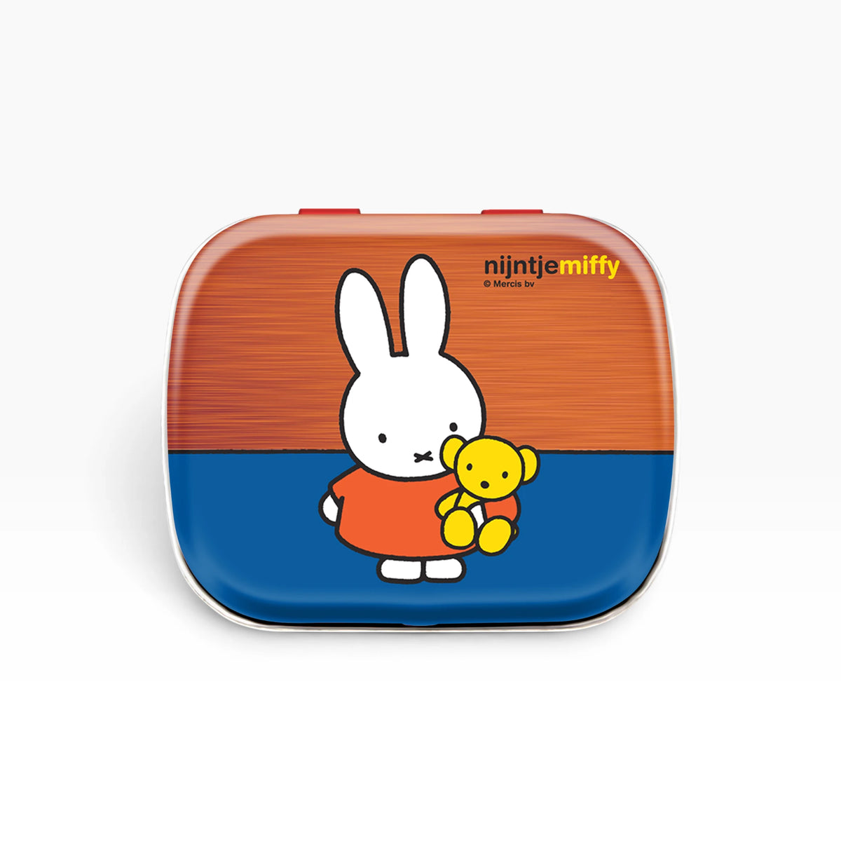 Miffy pill tin with nijntje miffy teddy design, closed orange and blue case