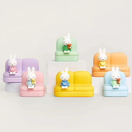 Miffy sofa phone stand set with bunny figures on purple, green, yellow, orange, and blue seats