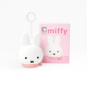 Miffy bunny coin pouch keychain, white plush bunny with key ring and chain, pink base.