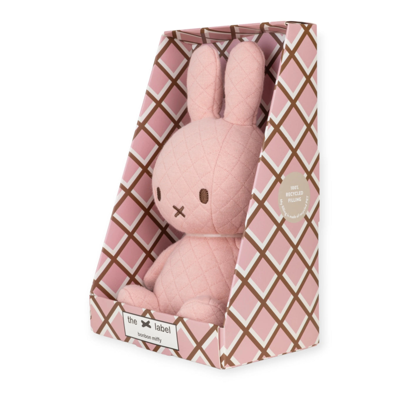 This delightful Miffy Quilted Plush Gift Box in pink, measuring 23cm, features a patterned package and a label highlighting its 100% recycled filling, making it perfect for eco-conscious cuddles.