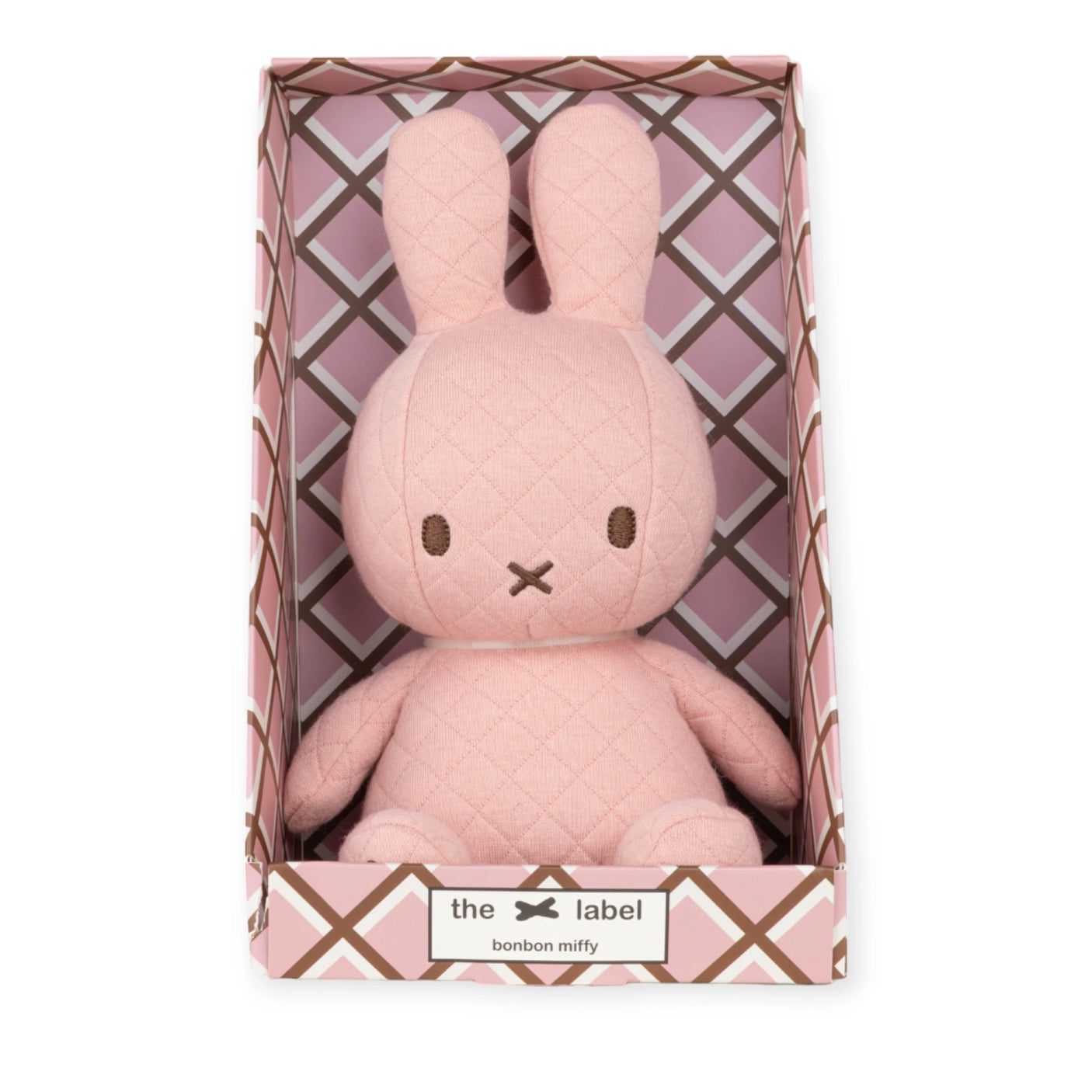 A pink quilted plush rabbit toy is nestled in a patterned gift box, proudly labeled with the Miffy brand as the "Miffy Quilted Plush Gift Box - Pink 23cm.