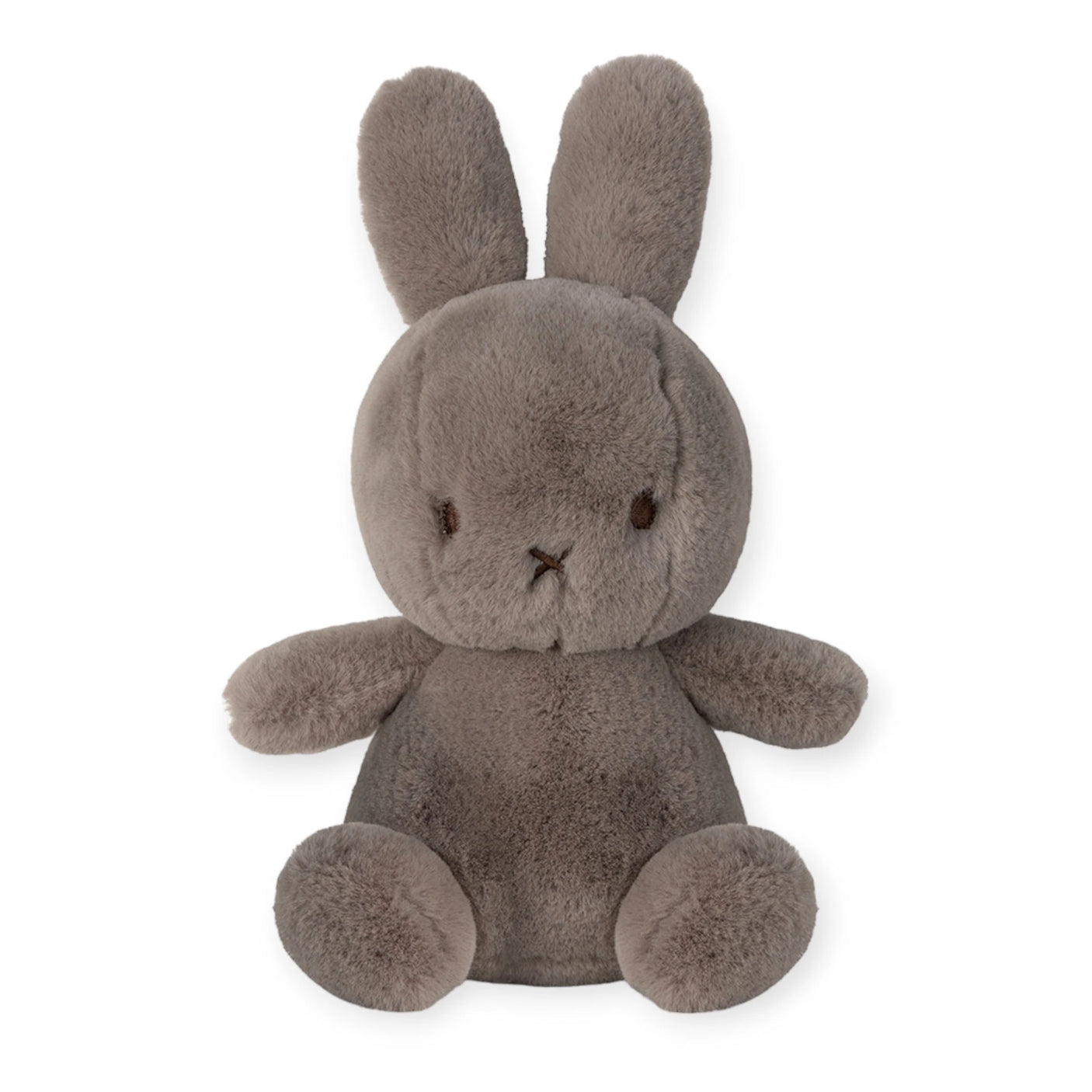 The Cozy Miffy Plush & Gift Box Taupe, crafted from recycled polyester, features a gray plush bunny with long ears and brown eyes, seated upright against a plain white background. This huggable and eco-friendly toy from Miffy is an ideal gift for any occasion.