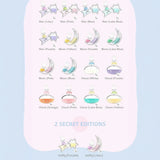 Keychain blind box variants chart with star, moon, and cloud designs and secret editions